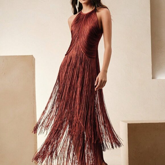 Redwood Elegant Women's Bohemian Fringe Maxi Dress - Picture 1 of 7